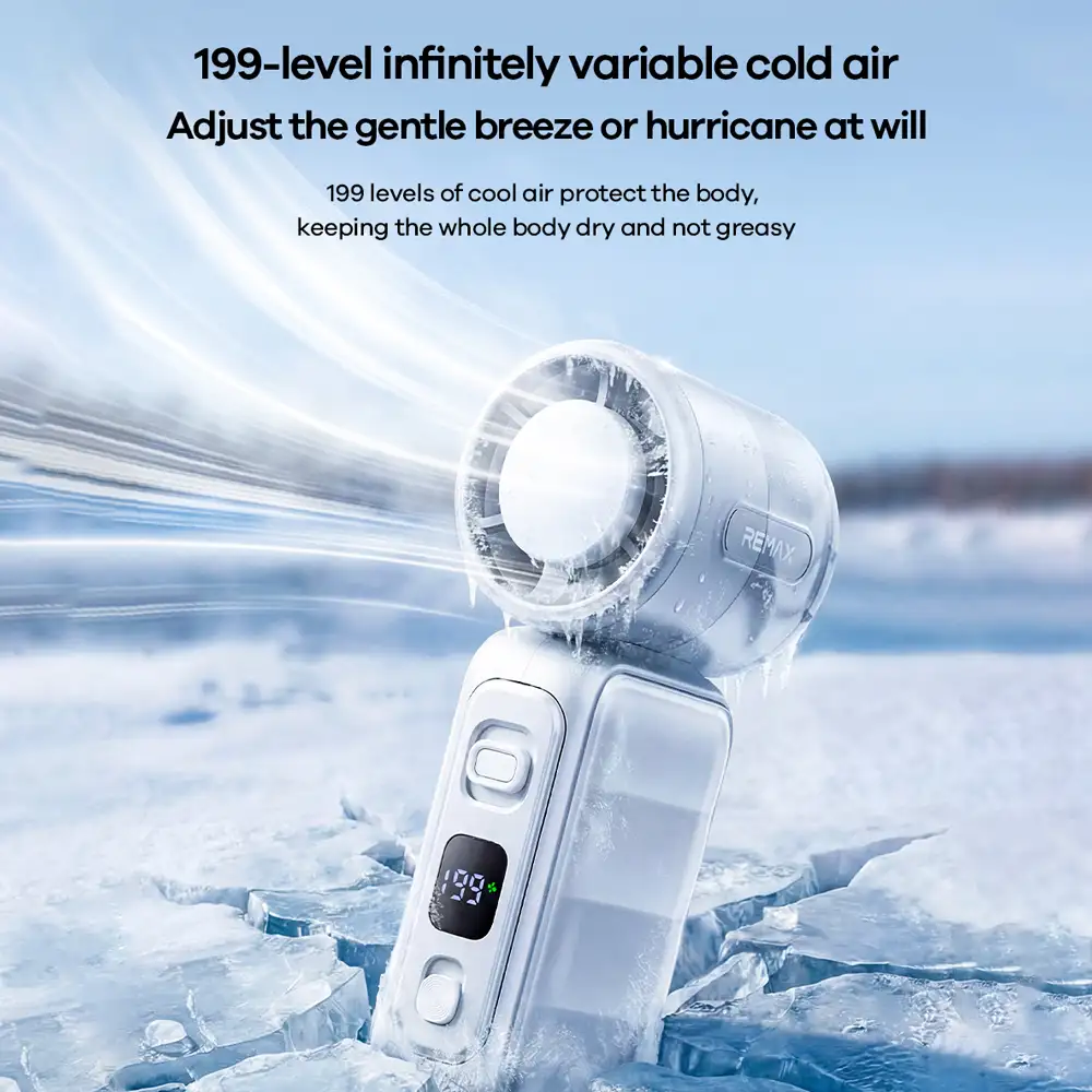 Remax RS-SF25 mini handheld fan with 199 adjustable speed levels, strong cooling airflow, digital display, and rechargeable portable design.