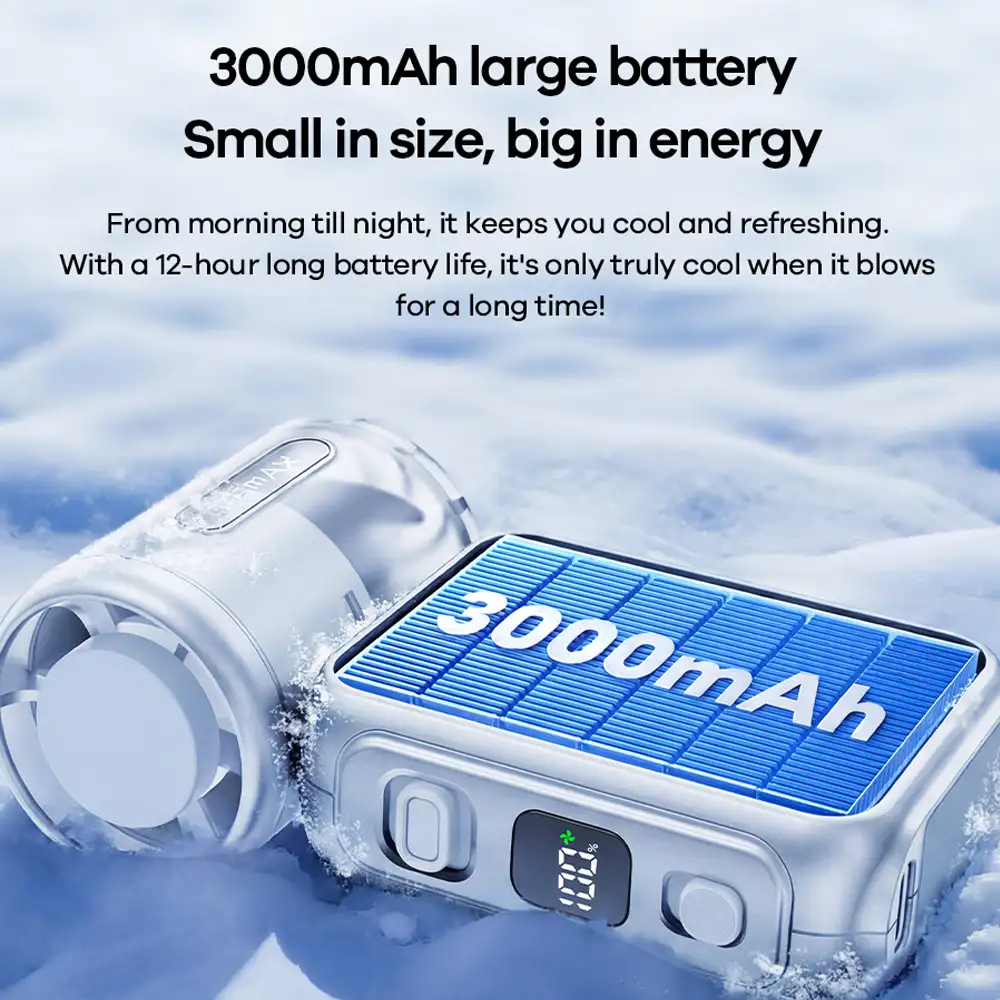 Remax RS-SF25 mini handheld fan featuring 3000mAh rechargeable battery, compact portable design, digital display, and long-lasting cooling performance.