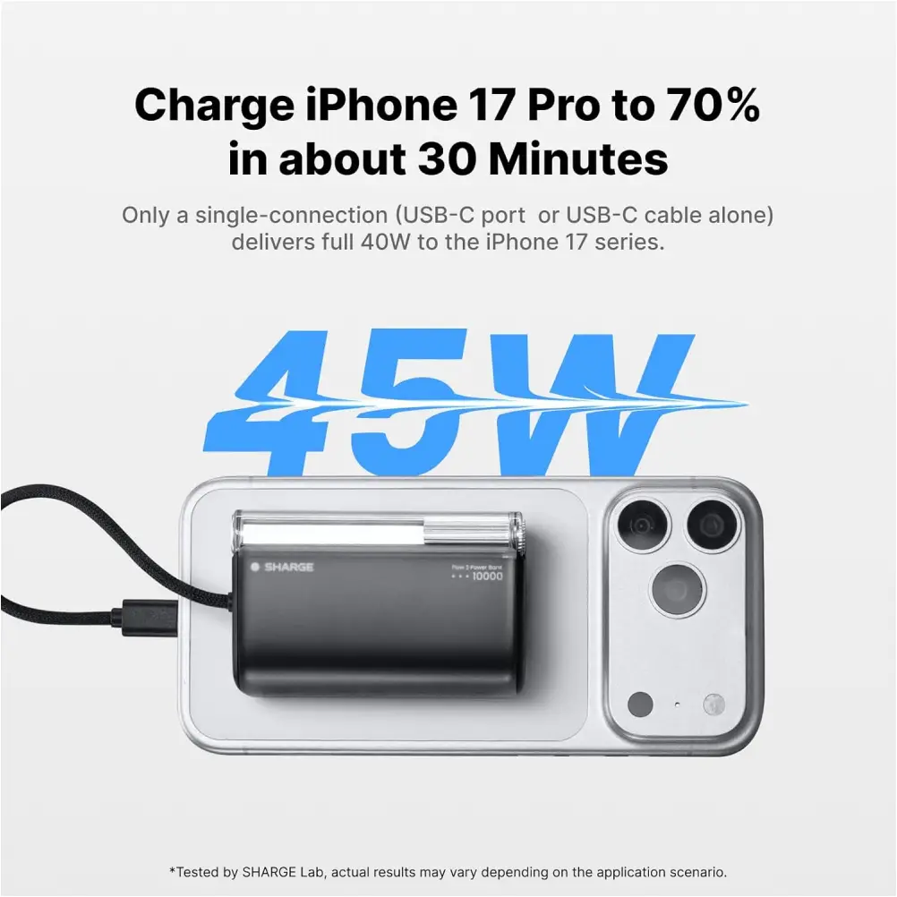 SHARGE Flow 3 10000mAh 45W Power Bank with Built-in Cable for Fast Portable Charging SHARGE Flow 3 fast charging power bank compact premium design