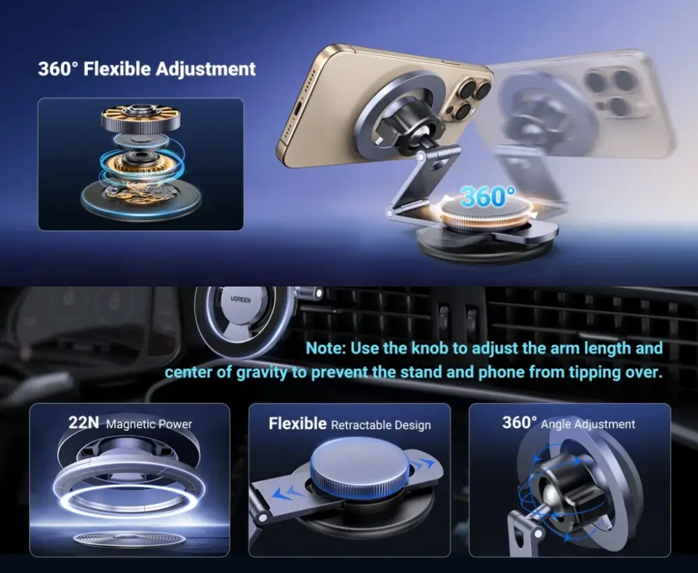 UGREEN LP865 magnetic car phone holder with 360 degree rotation and retractable adjustable arm