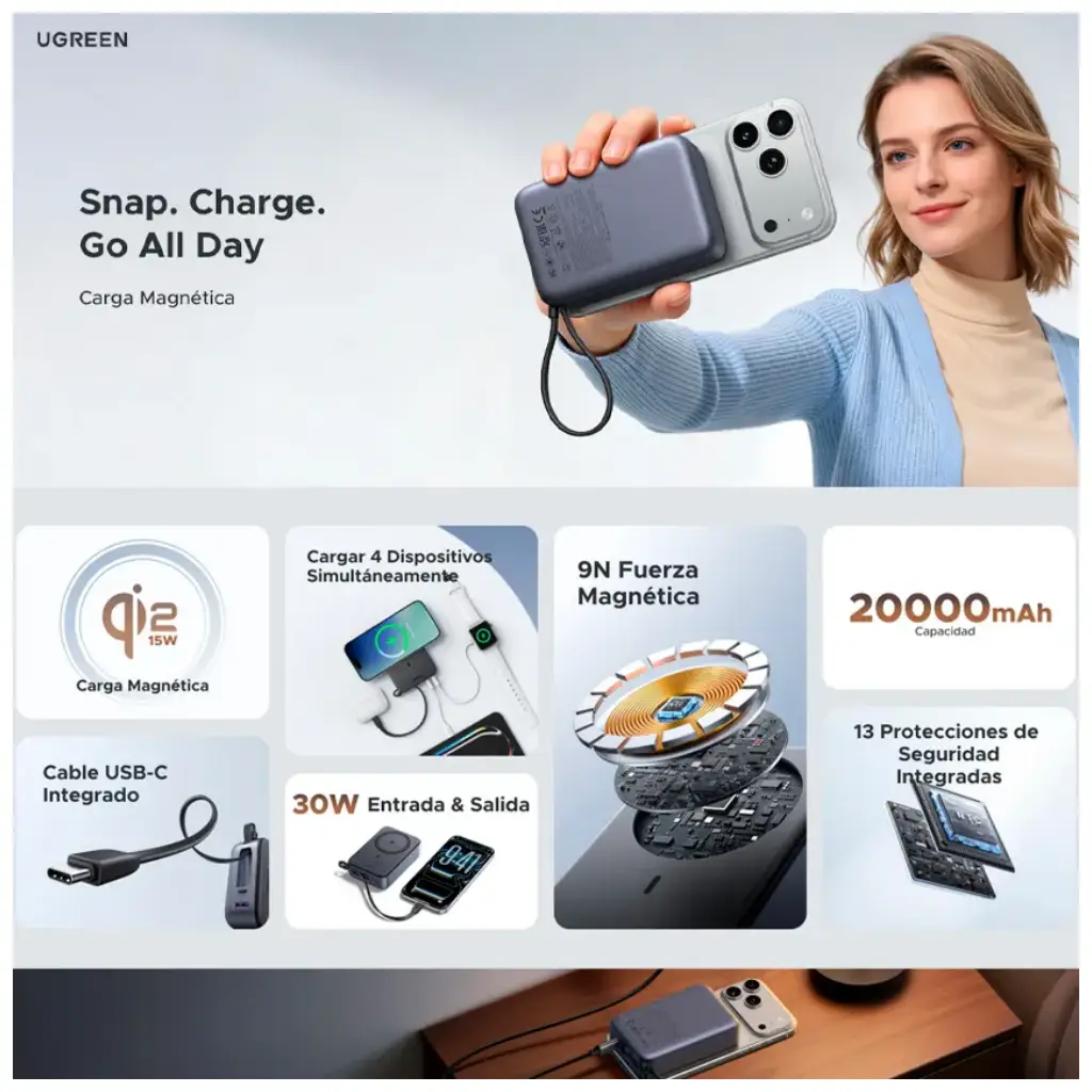 UGREEN PB567 Qi2 20000mAh Magnetic Power Bank with Integrated Cable UGREEN PB567 Qi2 20000mAh magnetic wireless power bank with USB-C cable and fast charging