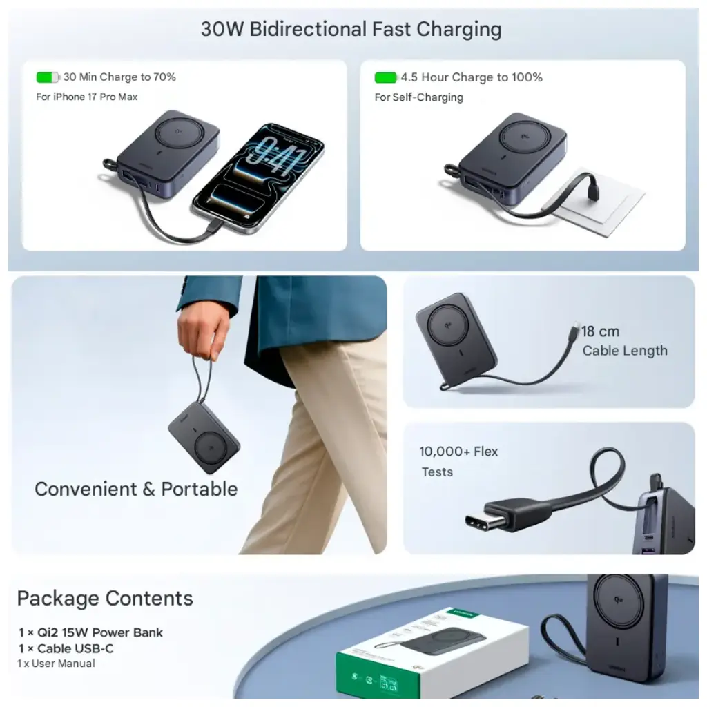 UGREEN PB567 Qi2 20000mAh Magnetic Power Bank with Integrated Cable UGREEN PB567 Qi2 20000mAh Magnetic Power Bank with Integrated Cable