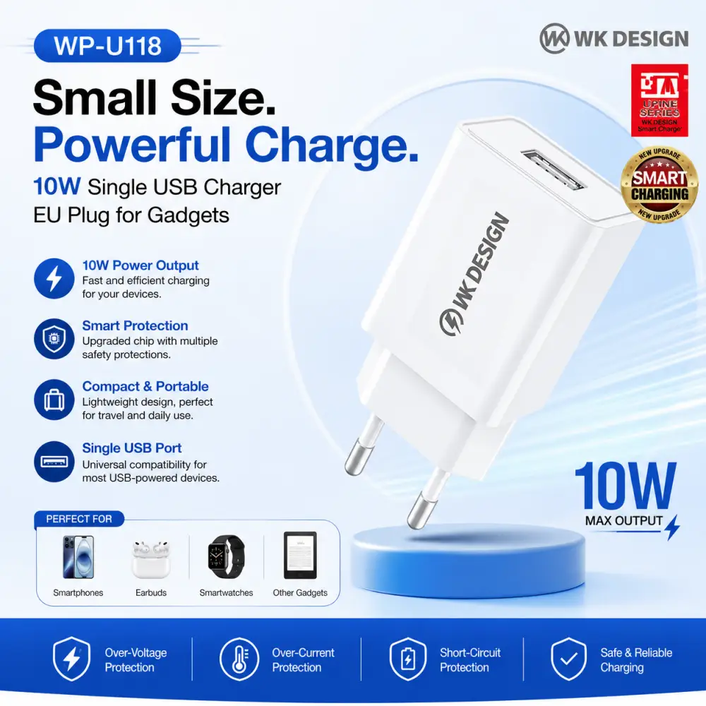 WK WP-U118 10W Single USB Charger EU Plug with Smart Protection and Compact Design