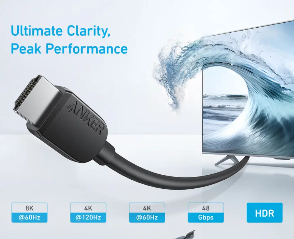 Anker HDMI 2.1 Cable 8K 48Gbps 6FT Black A8742H11 with Ultra HD 8K@60Hz, 4K@120Hz and HDR support for PS5, Xbox, Smart TVs, and gaming displays.