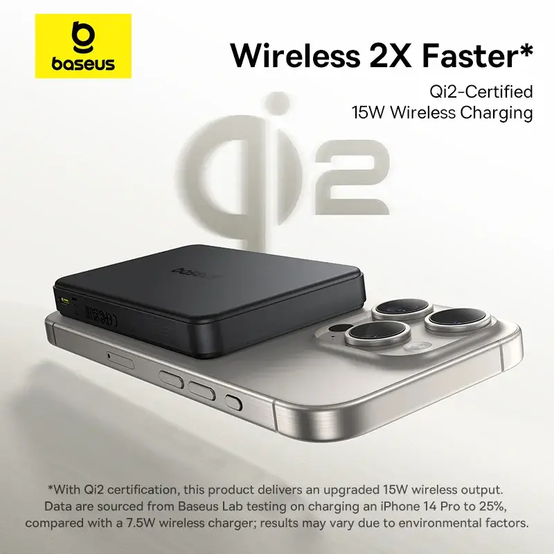 Baseus Airpow II Qi2 10000mAh Magnetic Wireless Power Bank displaying 15W fast charging