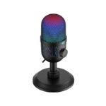 Angled view of the HAVIT GK52 RGB Recording Live Microphone showing the glowing mesh, laser-carved body, and circular desktop stand