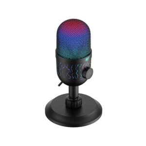 Angled view of the HAVIT GK52 RGB Recording Live Microphone showing the glowing mesh, laser-carved body, and circular desktop stand