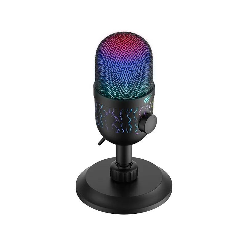 havit-gk52-rgb-gaming-microphone-stand Angled view of the HAVIT GK52 RGB Recording Live Microphone showing the glowing mesh, laser-carved body, and circular desktop stand