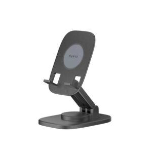Black Havit ST7164 Mobile Stand showing its adjustable height and foldable desktop design