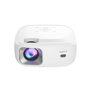 Front view of the white Havit PJ212 270 ANSI FHD Portable Projector showing the projection lens and top control buttons