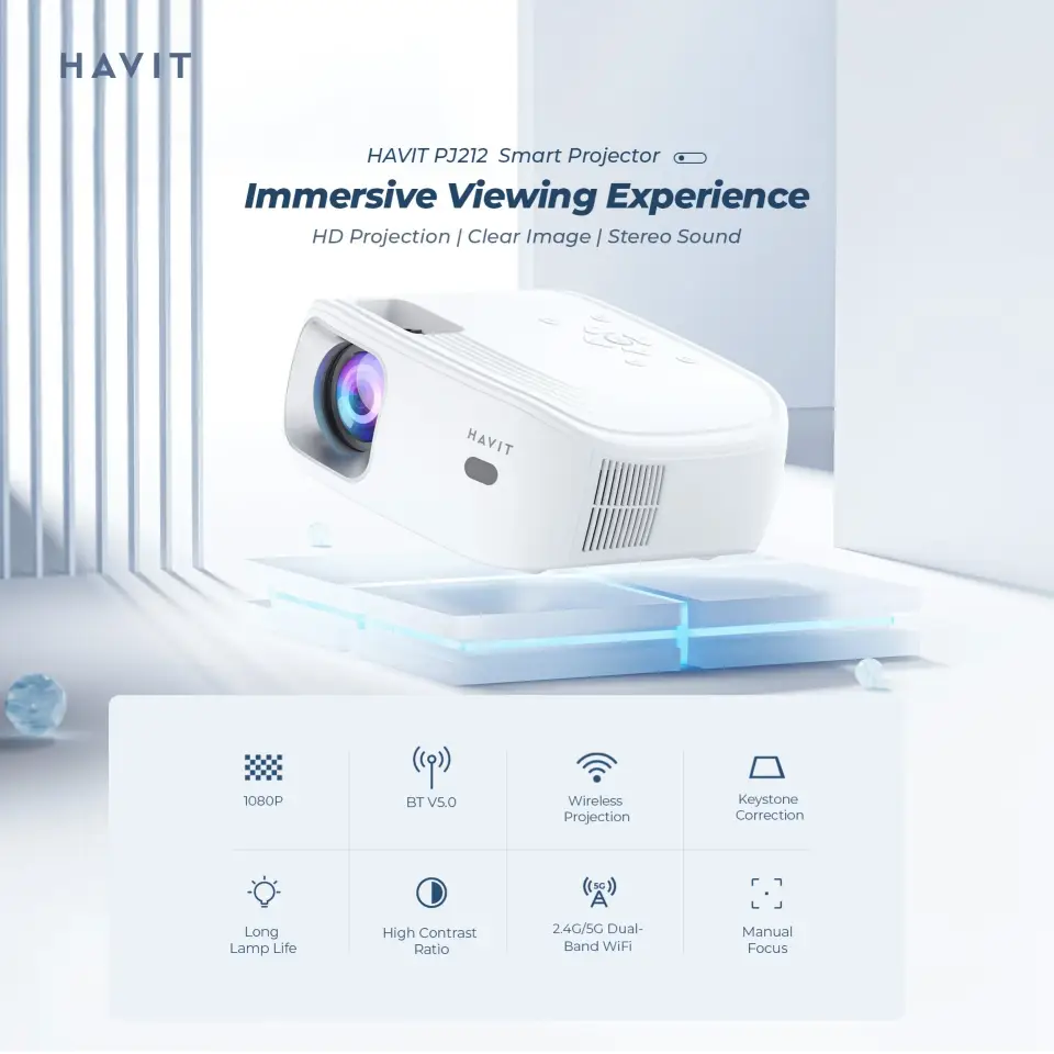 White HAVIT PJ212 Smart Projector displaying 1080P HD projection and dual-band WiFi features