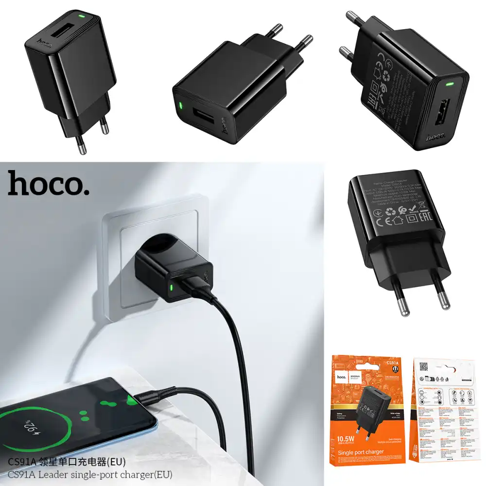 Hoco CS91A Leader EU Single-Port 10.5W USB-A Charger with 5V 2.1A Output and Multiple Protection Features