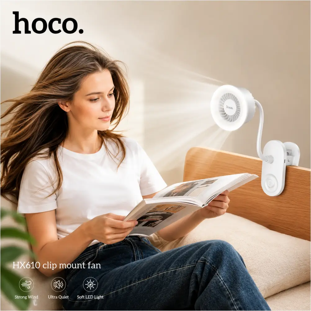 Hoco HX610 Clip Mount Fan with Rechargeable Battery and LED Light Hoco HX610 Fan Design