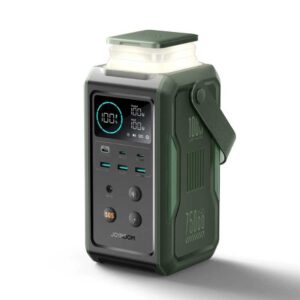 Army green Joyroom JR-PBF10 100W Power Bank 75000mAh showing digital display, multiple charging ports, and built-in night light