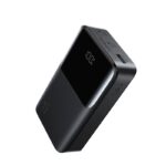 JOYROOM JR-QP192 Mini 20000mAh Black Power Bank with digital LED display showing 100% and top-mounted USB-A and dual USB-C ports.