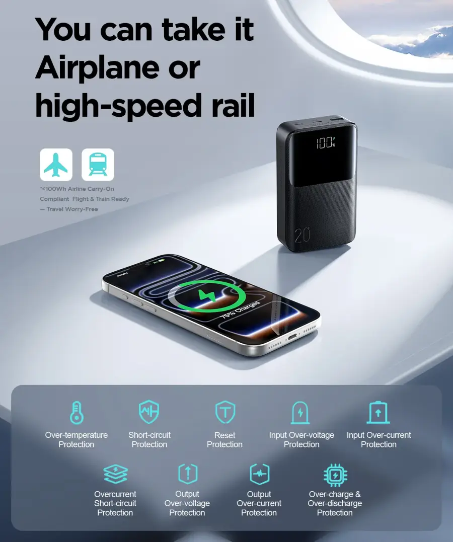 JOYROOM JR-QP192 20000mAh mini power bank approved for airplane travel with multiple safety protection features