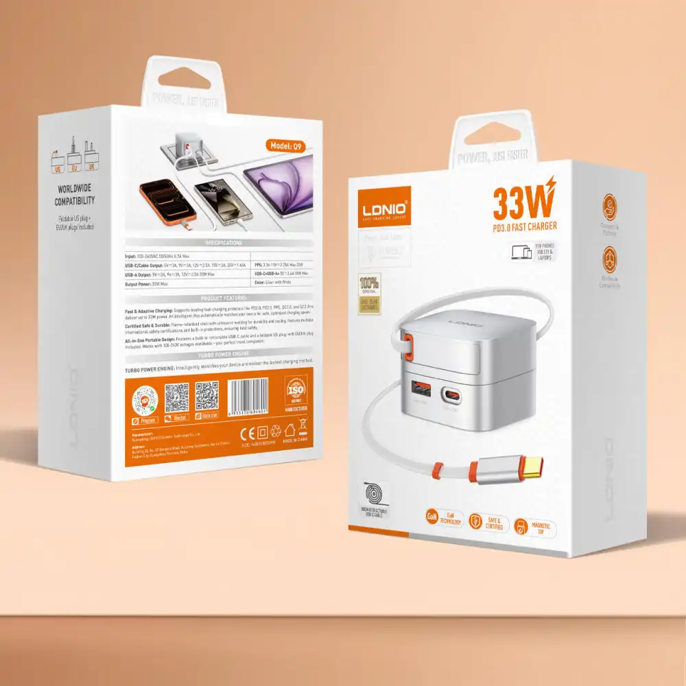 LDNIO Q9 33W Safe PD Fast Charger with Built-in Retractable Type-C Cable Packaging