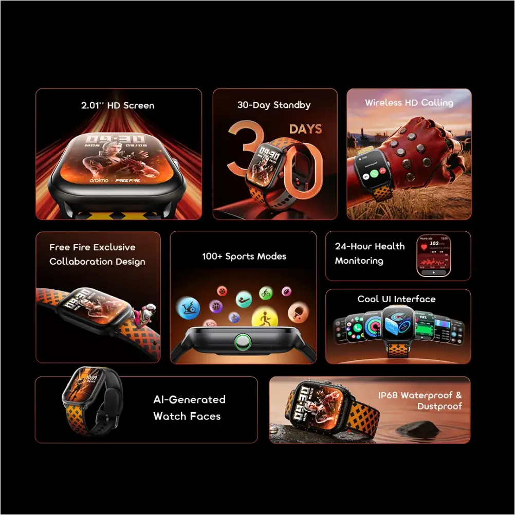 oraimo Watch 6 HAYATO X Free Fire 2.01" HD Screen Smart Watch Free Fire edition smart watch