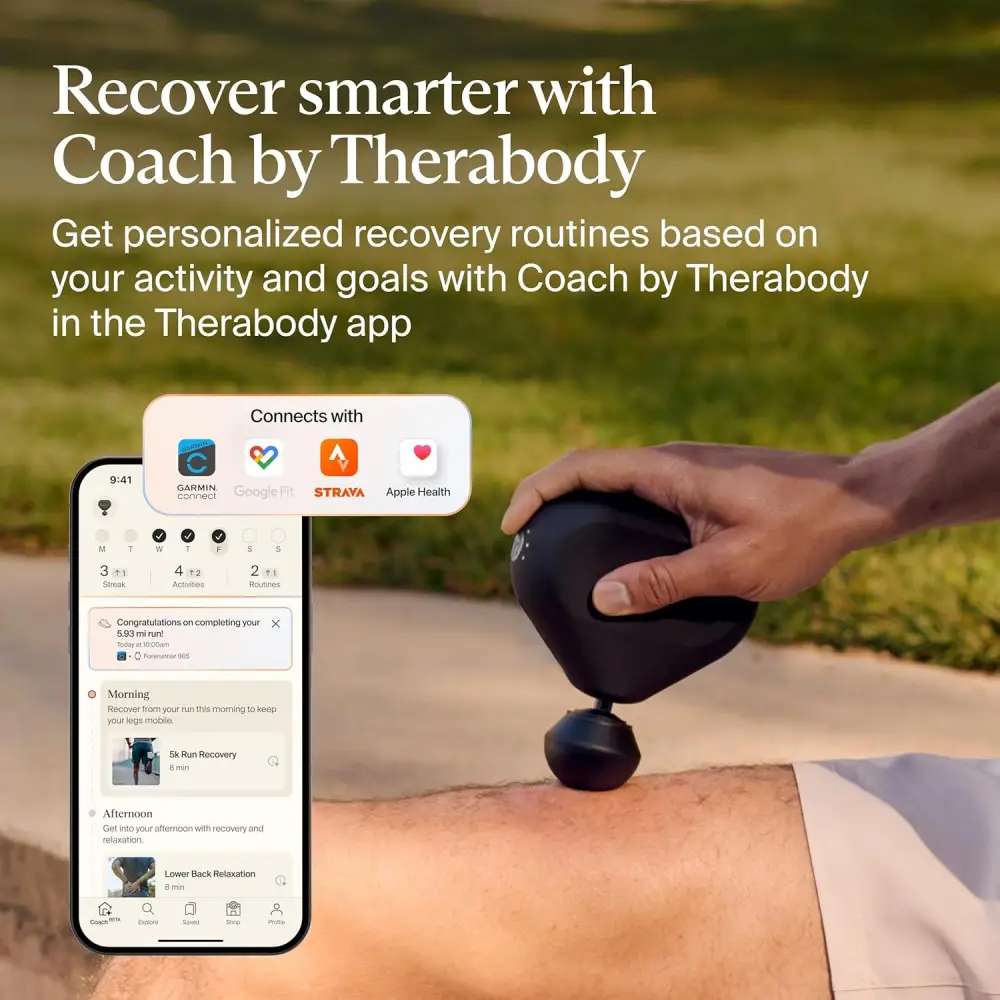 TheraGun Mini 3rd Generation connected to the Therabody app, showing personalized recovery routines and guided muscle recovery programs with Coach by Therabody.