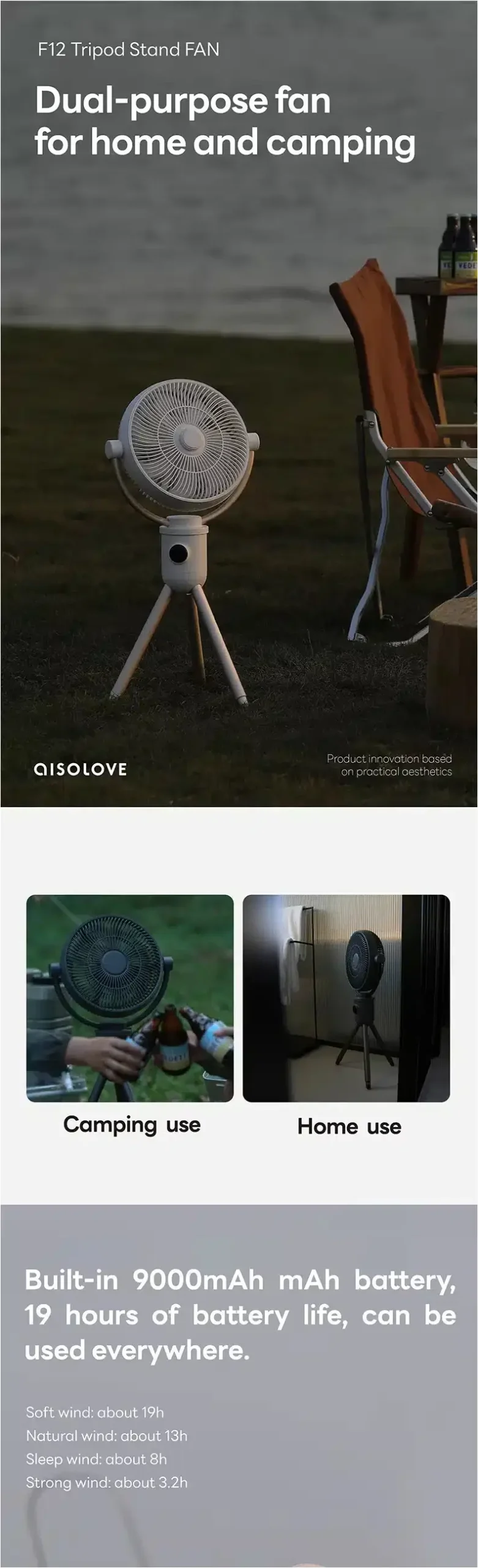 Aisolove F12 Detachable Tripod Stand Fan Aisolove F12 tripod stand fan design