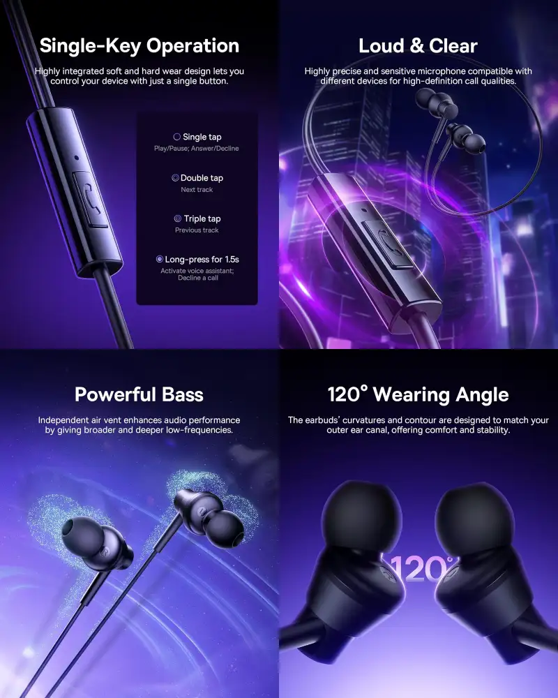 Baseus Encok HZ11 3.5mm Wired Earphone Features Overview Baseus Encok HZ11 3.5mm Wired Earphone features including single-key control, HD stereo sound, powerful bass, and ergonomic 120° in-ear design