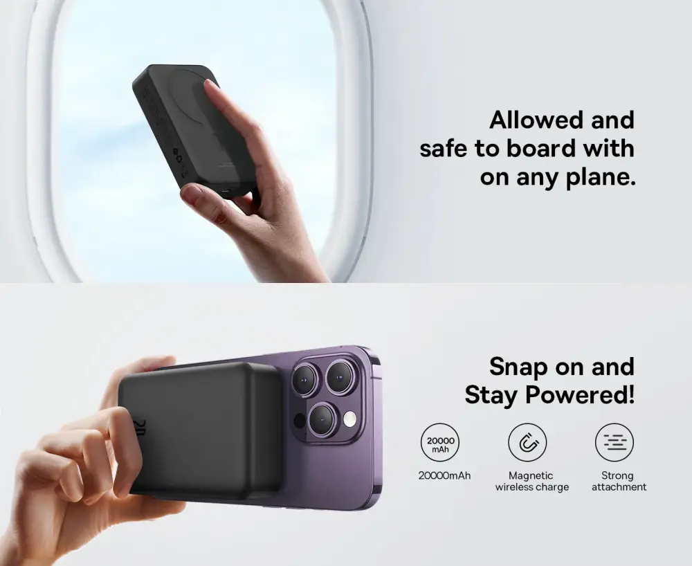 Baseus PPCXM20 20000mAh 20W Magnetic Mini Wireless Power Bank attached to an iPhone with MagSafe-compatible wireless charging and airline-safe portable design.