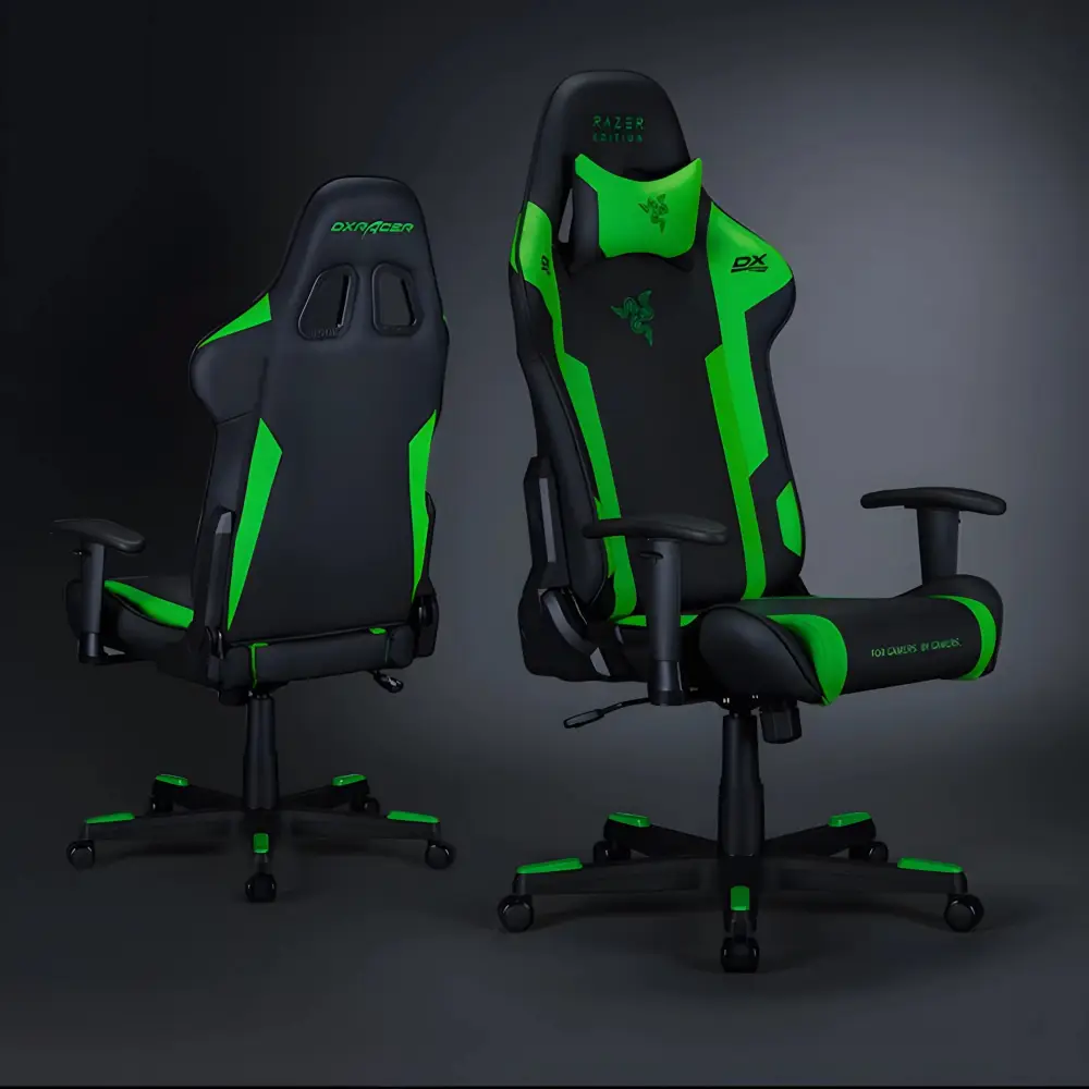 DXRacer Razer Special Edition Gaming Chair DXRacer Razer Special Edition Gaming Chair GC-R188-NE-Y3-329 in Black and Green with 180° Recline and 3D Adjustable Armrests