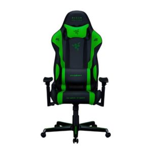 Front view of the DXRacer Razer Special Edition Gaming Chair GC-R188-NE-Y3-329 with black and green PU leather upholstery