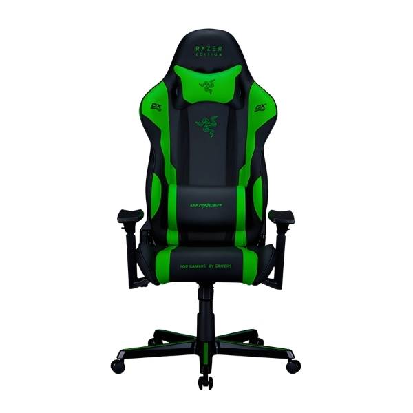 DXRacer Razer Special Edition Gaming Chair Front View Front view of the DXRacer Razer Special Edition Gaming Chair GC-R188-NE-Y3-329 with black and green PU leather upholstery