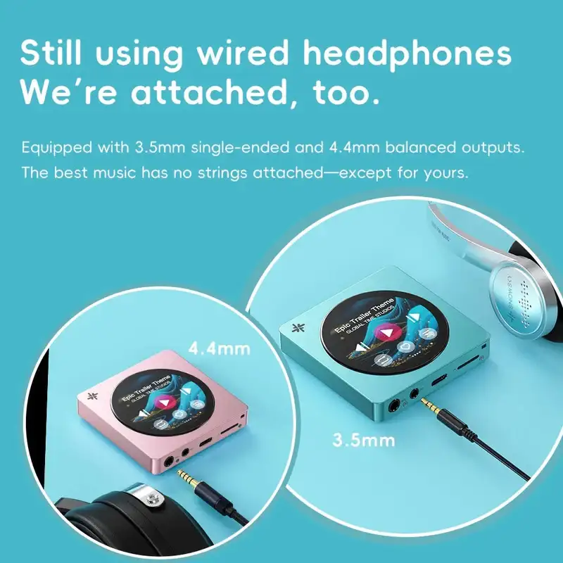 FiiO SNOWSKY DISC Portable HiFi Music Player featuring 3.5mm single-ended and 4.4mm balanced headphone outputs for high-resolution audio playback.