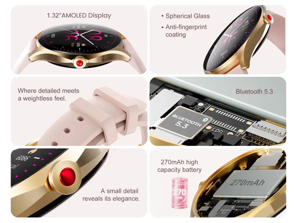 IMIKI Muse-1 AMOLED Smart Watch features 1.32-inch AMOLED display, Bluetooth 5.3, spherical glass, 270mAh battery, and premium design for women.
