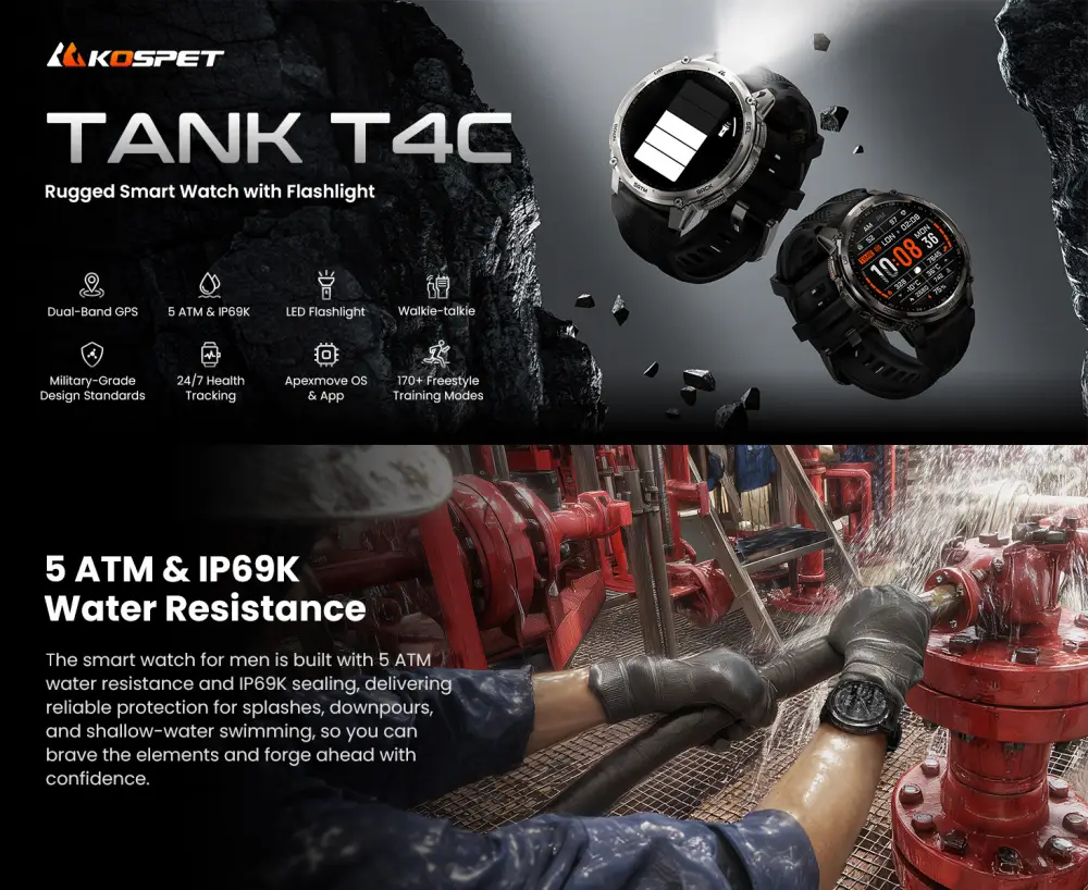 KOSPET TANK T4C rugged smartwatch with dual-band GPS, AMOLED display, LED flashlight, 5ATM and IP69K waterproof protection