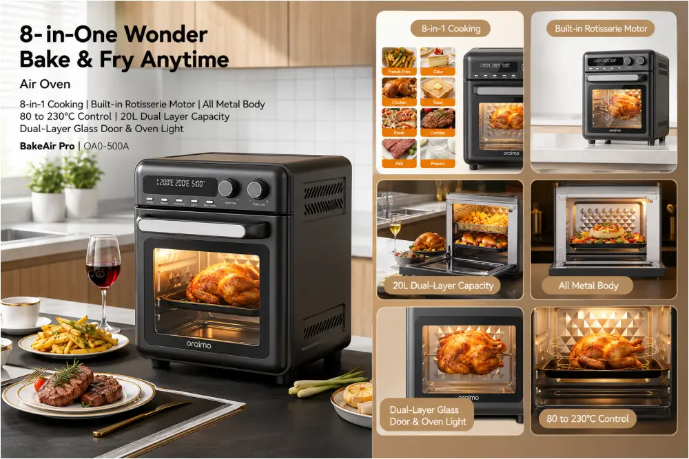 Oraimo BakeAir Pro 8-in-1 20L 230°C Large-Capacity Air Oven