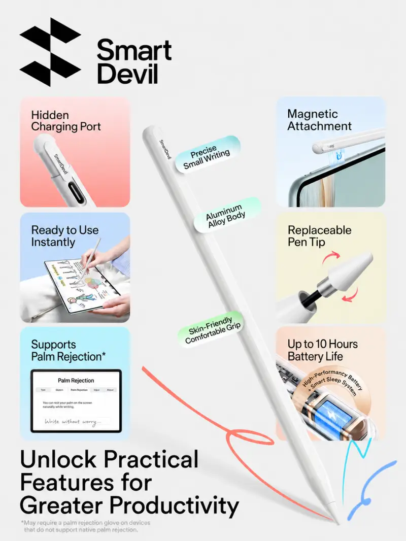 SmartDevil Stylus Pen for Honor Pad 9 featuring palm rejection, magnetic attachment, replaceable pen tip and USB-C charging