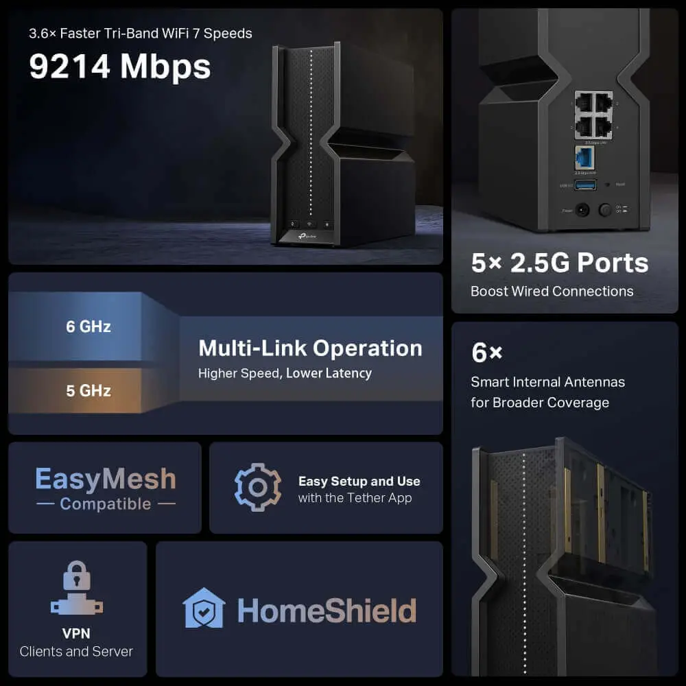 TP-Link Archer BE550 BE9300 WiFi 7 Router features including 9214 Mbps speed, 2.5G ports, EasyMesh, MLO and HomeShield