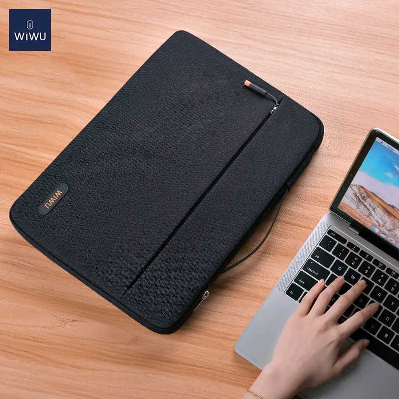 Black WiWU Pilot Laptop Sleeve displaying the retractable carry handle and front pocket