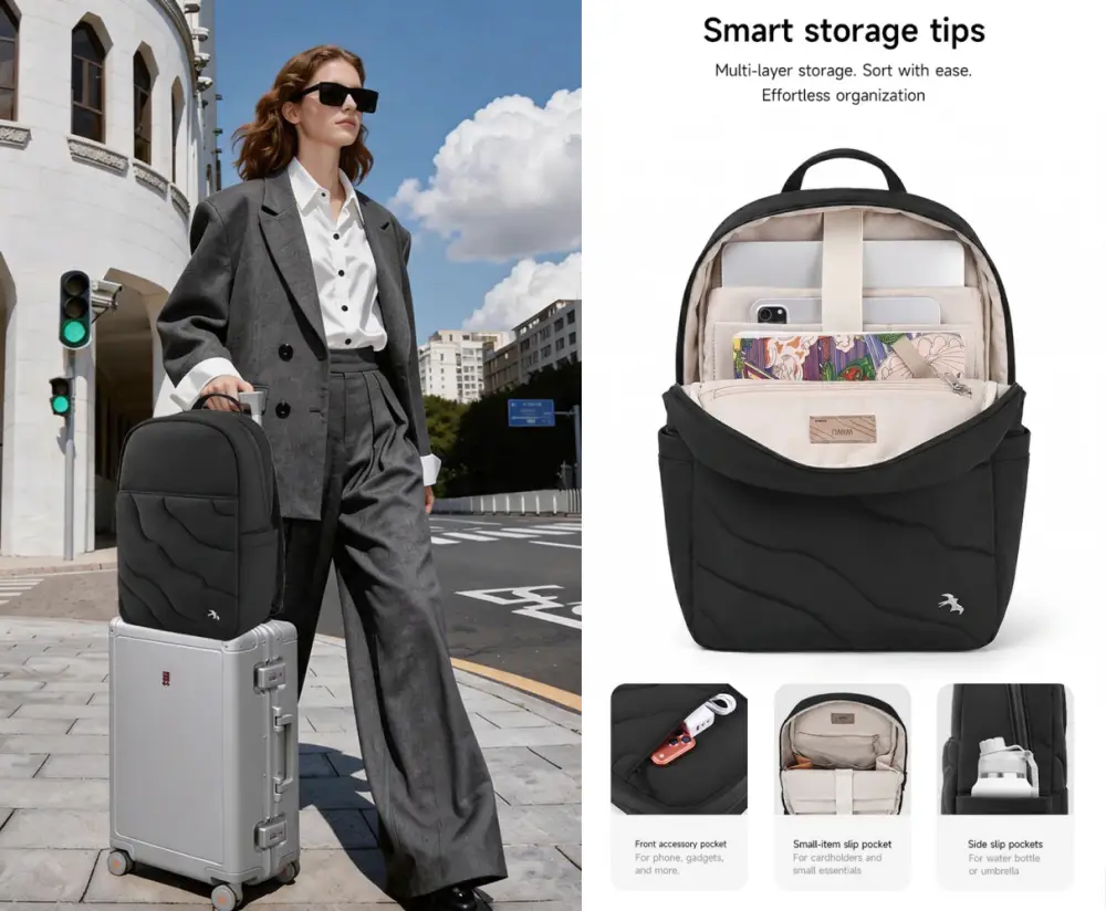 WiWU Swallow Waterproof Laptop Backpack featuring smart multi-layer storage, shockproof laptop compartment, and travel-friendly design