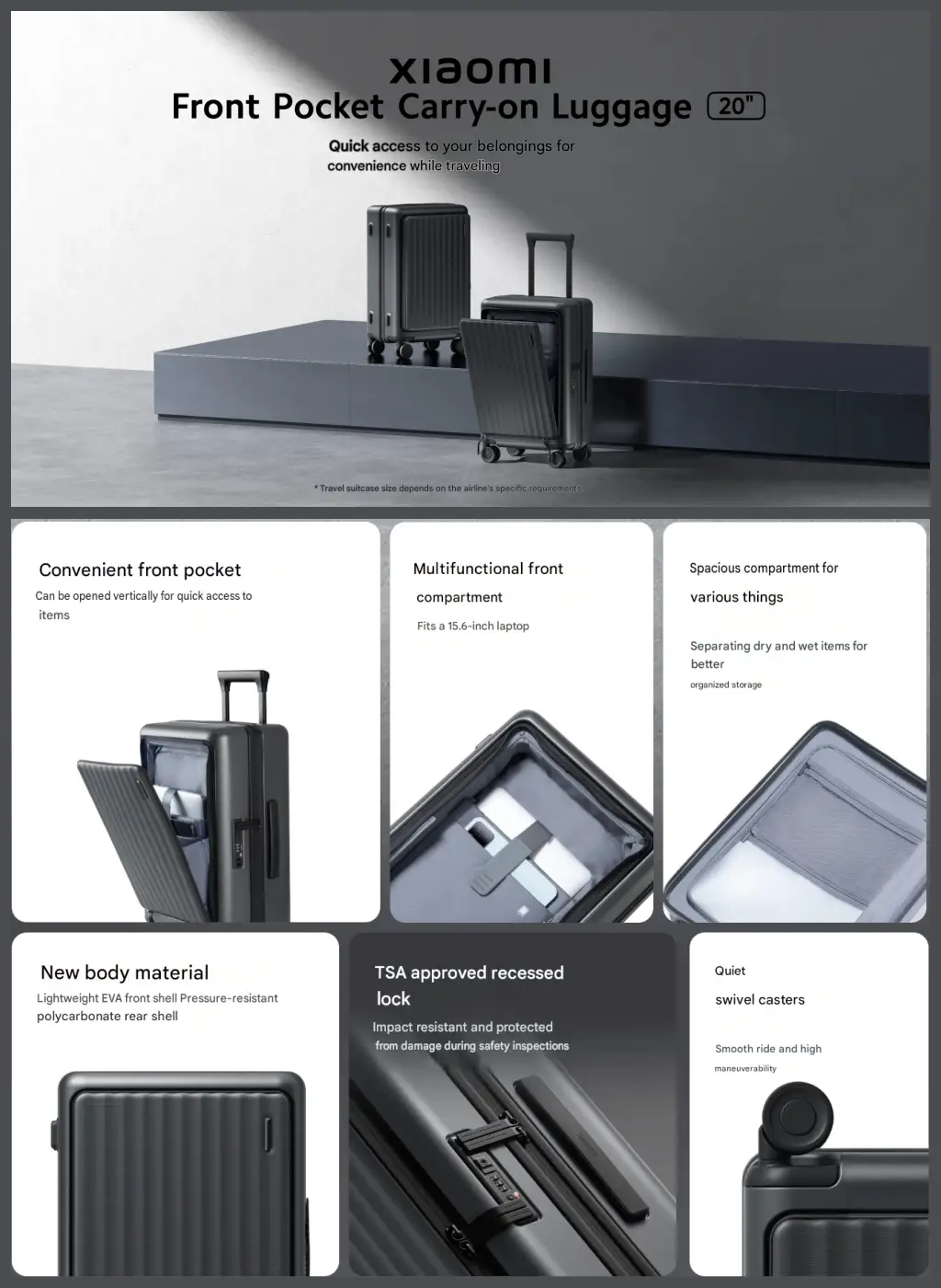 Xiaomi Mijia Front Pocket Carry On Luggage 20 Inch features front pocket TSA lock and spinner wheels