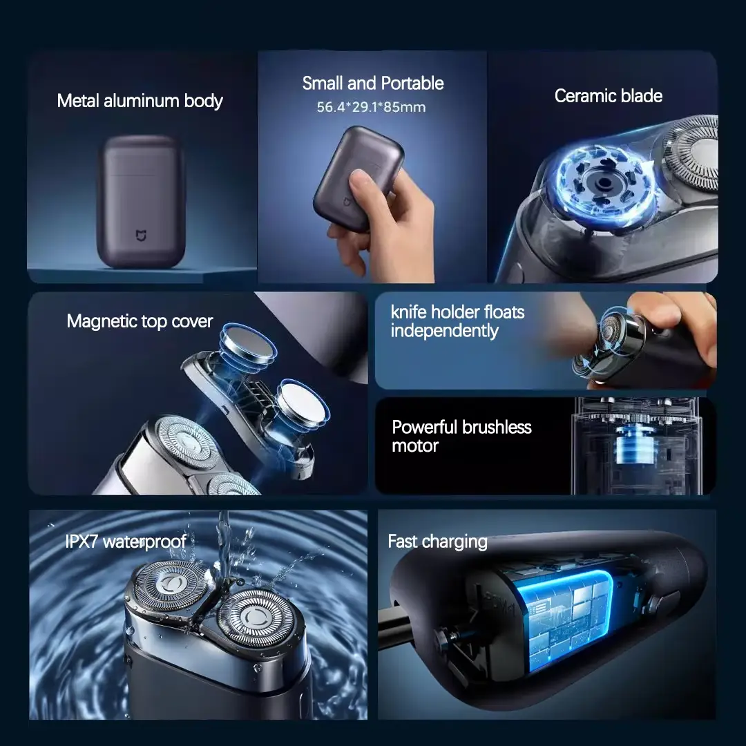 Xiaomi Mijia S600 Portable Ceramic Blade Electric Shaver featuring aluminum body, ceramic blades, IPX7 waterproof design, USB-C fast charging, magnetic cover, and brushless motor.