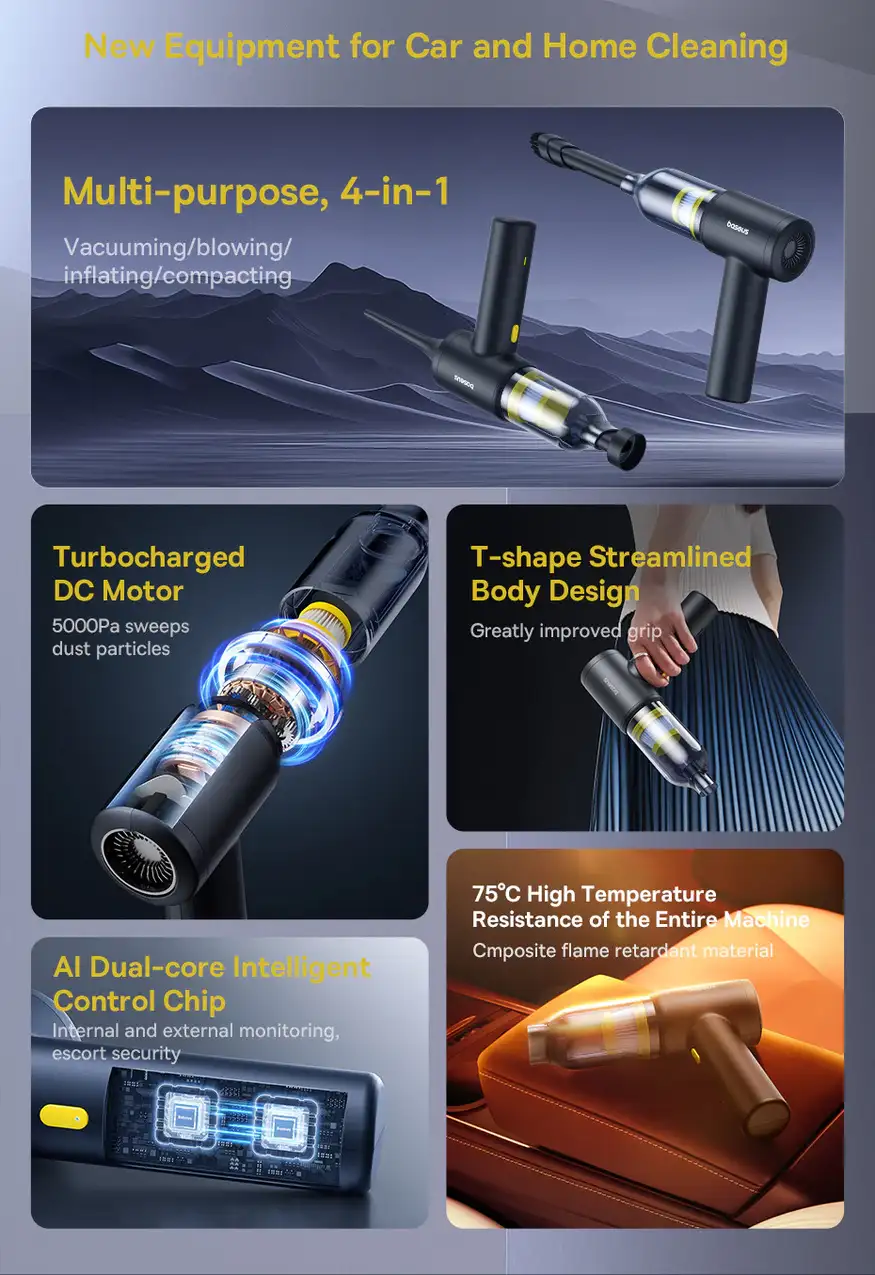 Baseus AT 5000Pa Car Vacuum Cleaner 4-in-1 Features