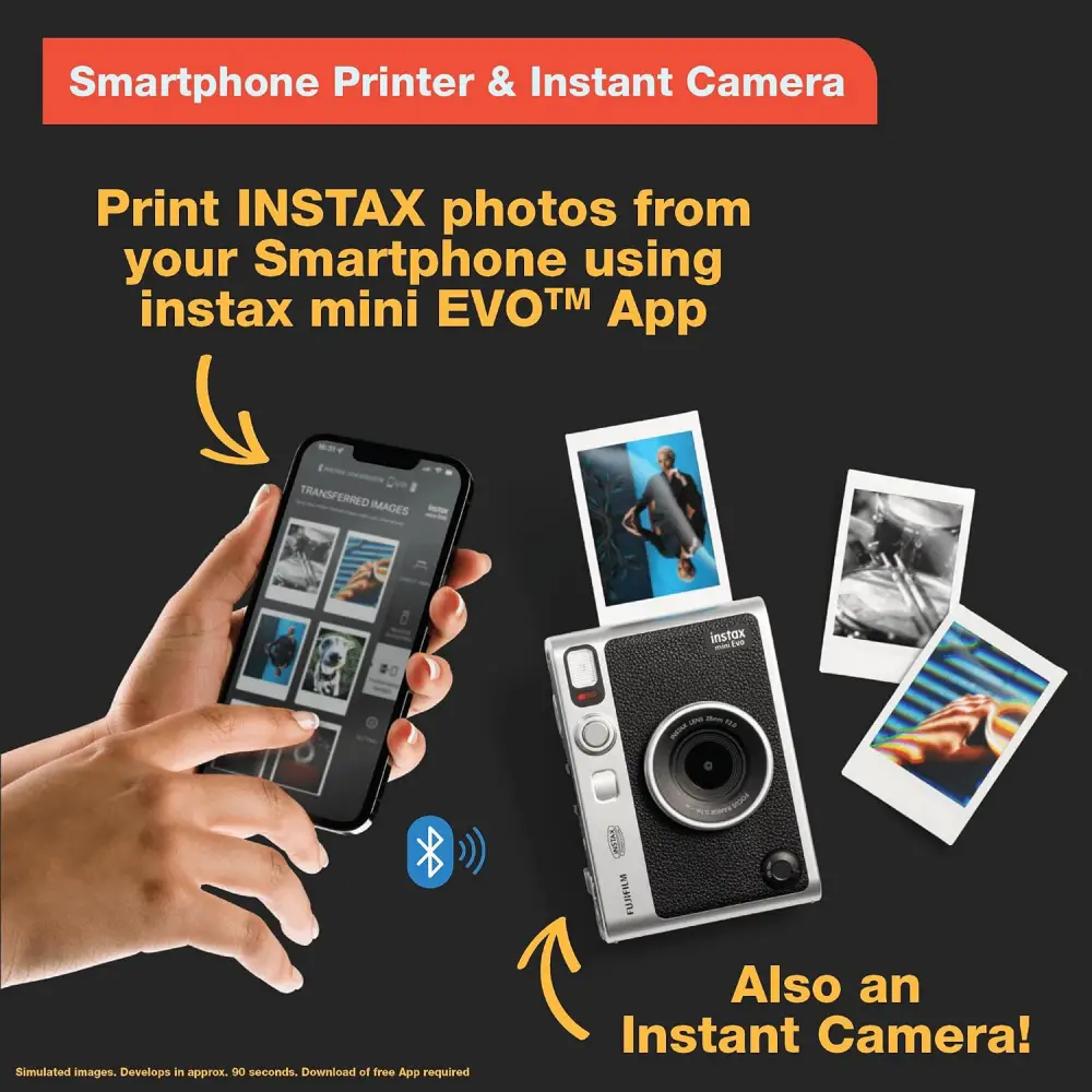Fujifilm Instax Mini Evo Hybrid Instant Camera Graphic demonstrating how to print photos from a smartphone using the Fujifilm Instax Mini EVO camera and Bluetooth app