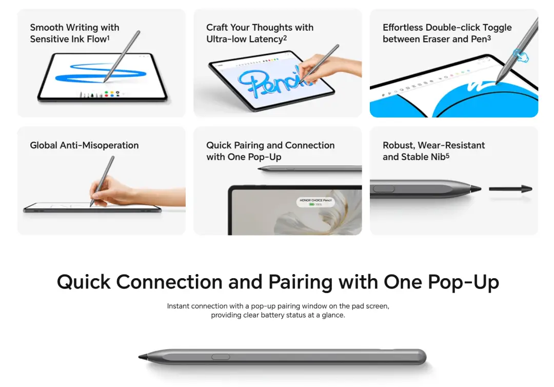 HONOR CHOICE TNHCHOP Pencil features with low latency, palm rejection, quick pairing and replaceable nib
