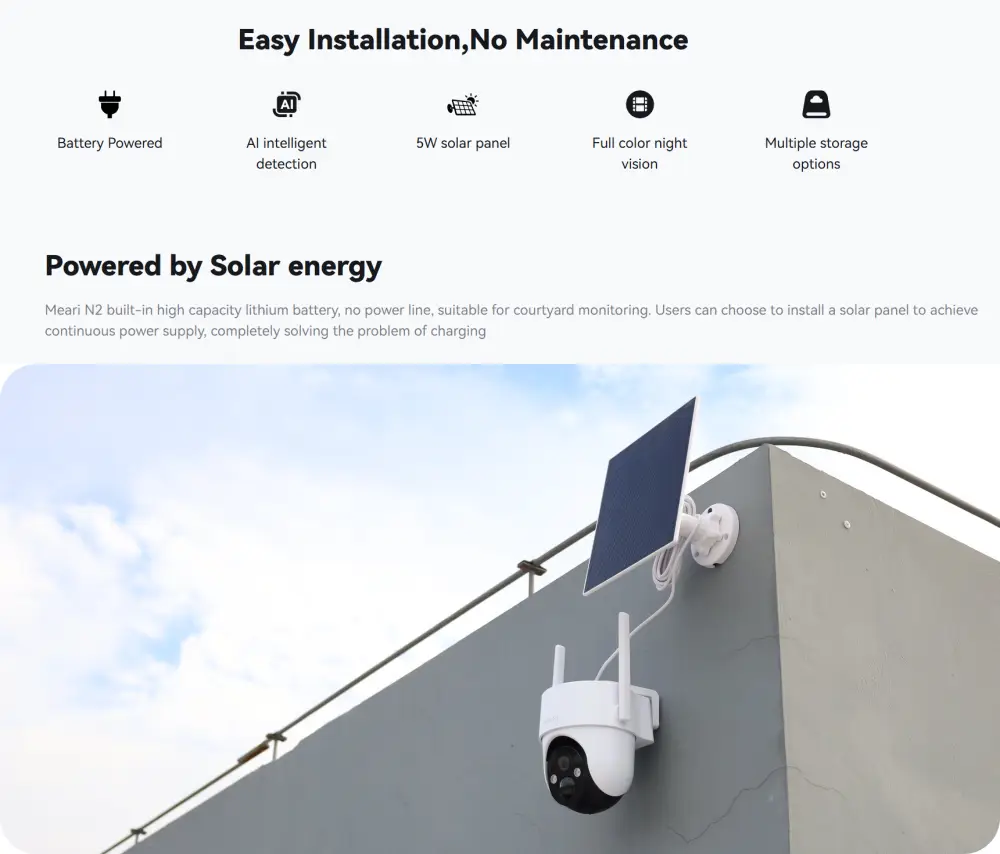 Meari N2 outdoor PTZ security camera with solar panel, AI detection and full-color night vision