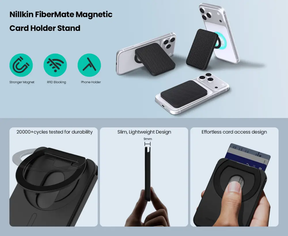 Nillkin FiberMate MagSafe Card Holder Wallet Stand with RFID protection and magnetic phone stand