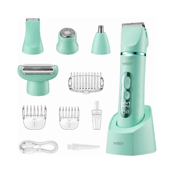 VGR V-763 5-in-1 Women’s Grooming Kit Green VGR V-763 5-in-1 women’s grooming kit in green with trimming attachments and accessories