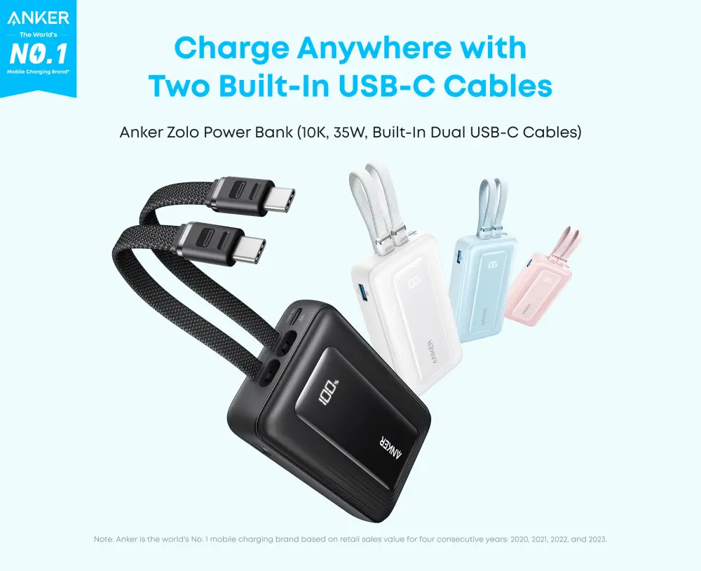 Anker Zolo A110L 10000mAh 35W Power Bank with Dual Built-in USB-C Cables