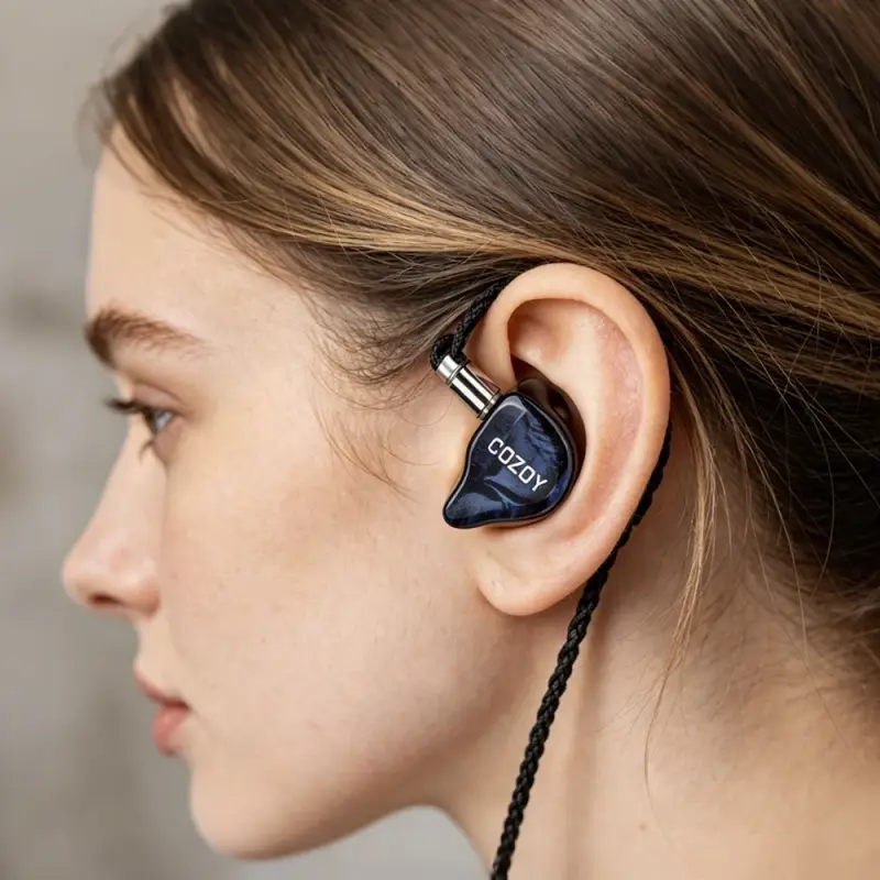 COZOY D2 2DD IEM with Beryllium & Graphene Drivers COZOY D2 IEM worn in ear showing ergonomic fit and cable design