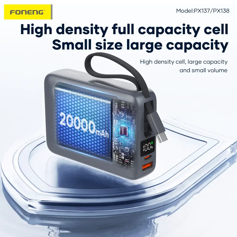 FONENG PX138 20000mAh 45W Power Bank with Built-in USB-C Cable FONENG PX138 20000mAh Power Bank with high-density battery cell