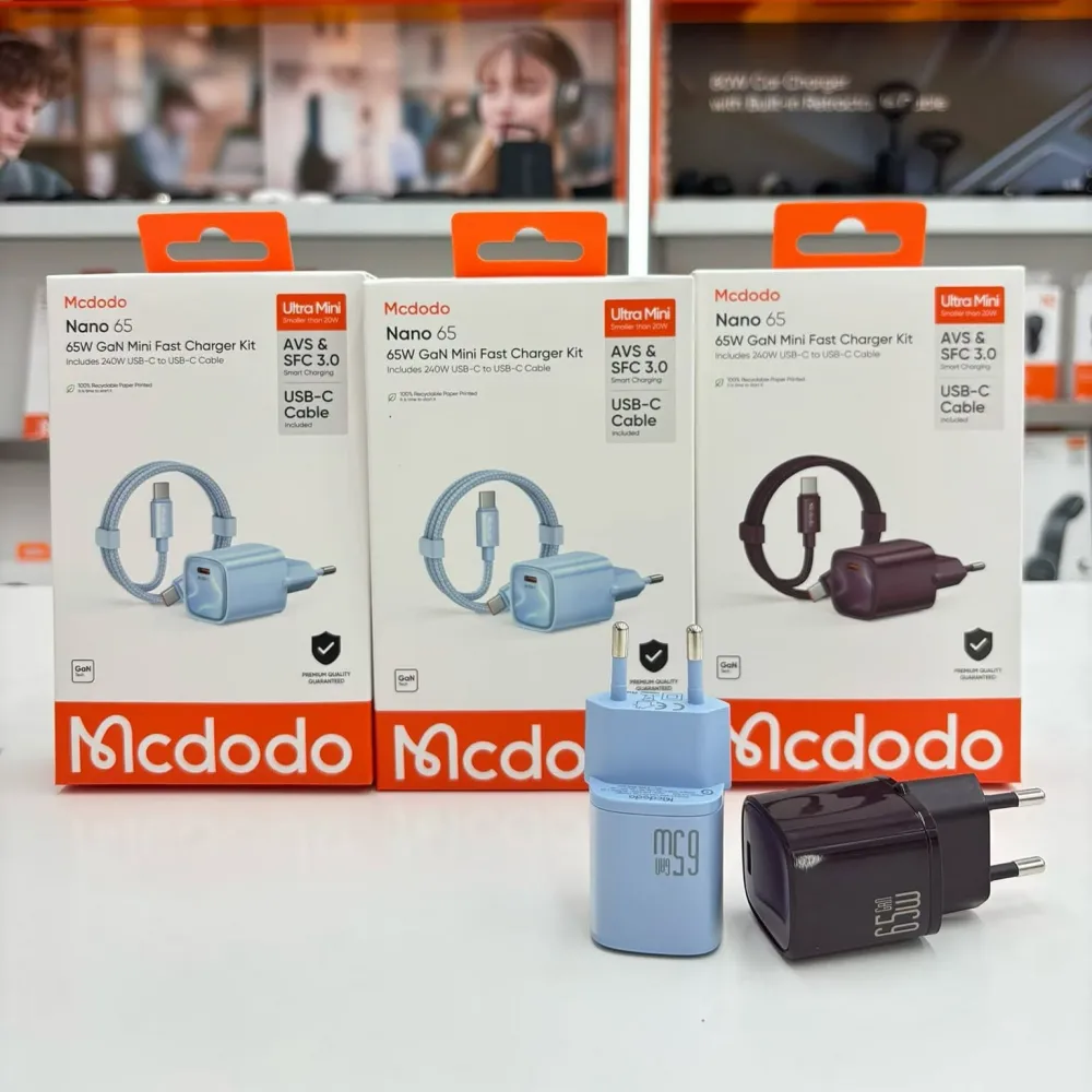 Mcdodo Nano 65W GaN Mini Fast Charger Kit with 240W USB-C Cable Packaging