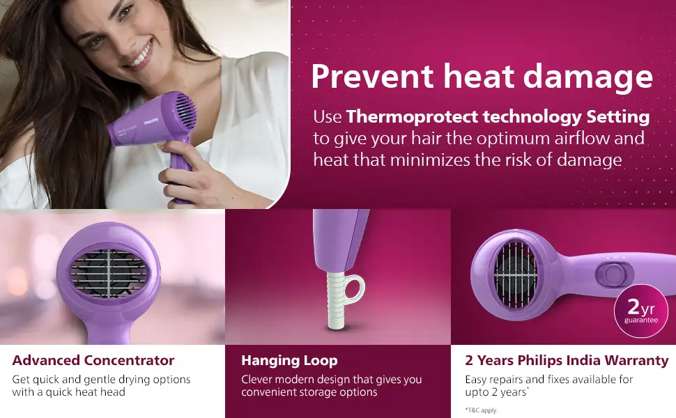 Philips HP8100/46 ThermoProtect Hair Dryer Features Philips HP8100/46 Hair Dryer with ThermoProtect Technology and Hanging Loop